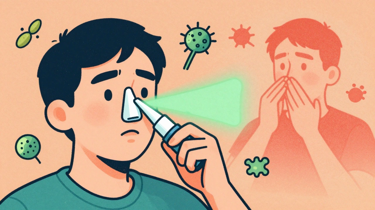 Person correctly using nasal spray with medicine path glowing, incorrect methods faded in background.