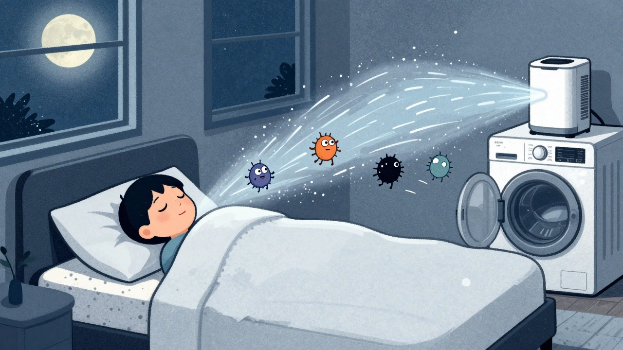 Person sleeping under allergen-proof cover as dust mites flee from dehumidifier and washing machine.