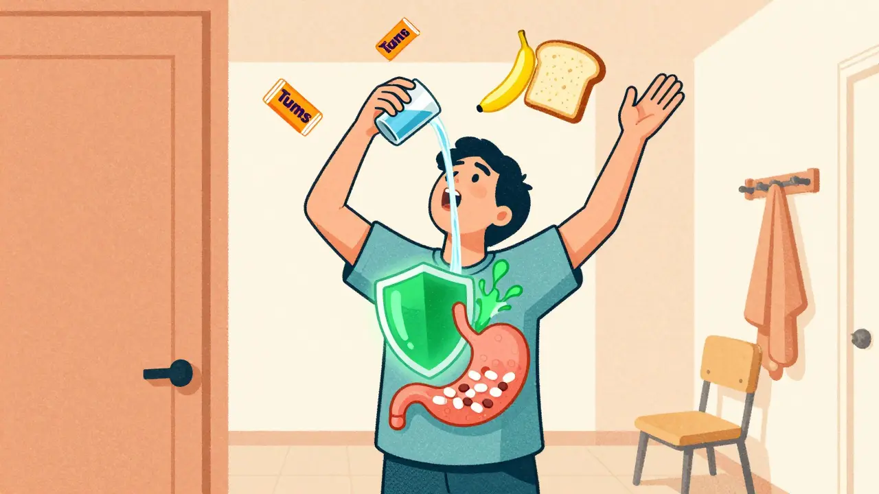 Person standing upright after taking pill, water stream protecting esophagus, food and antacids nearby