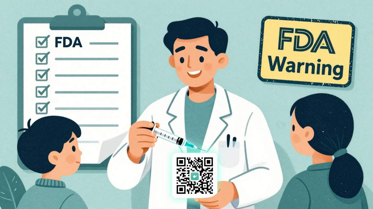 Pharmacist giving parent a dosing syringe and QR code, child&#039;s weight on sticky note, liver warning visible.