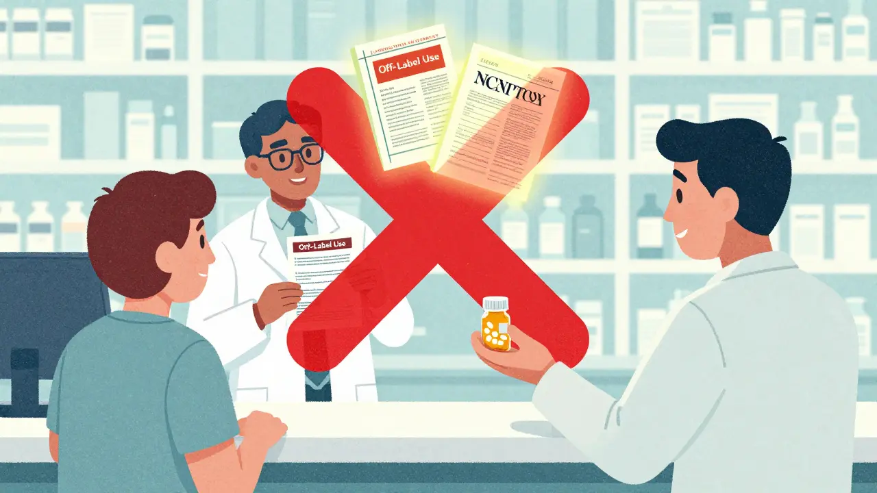 Pharmacist handing a pill bottle while off-label promotion is crossed out, with medical guidelines floating nearby.