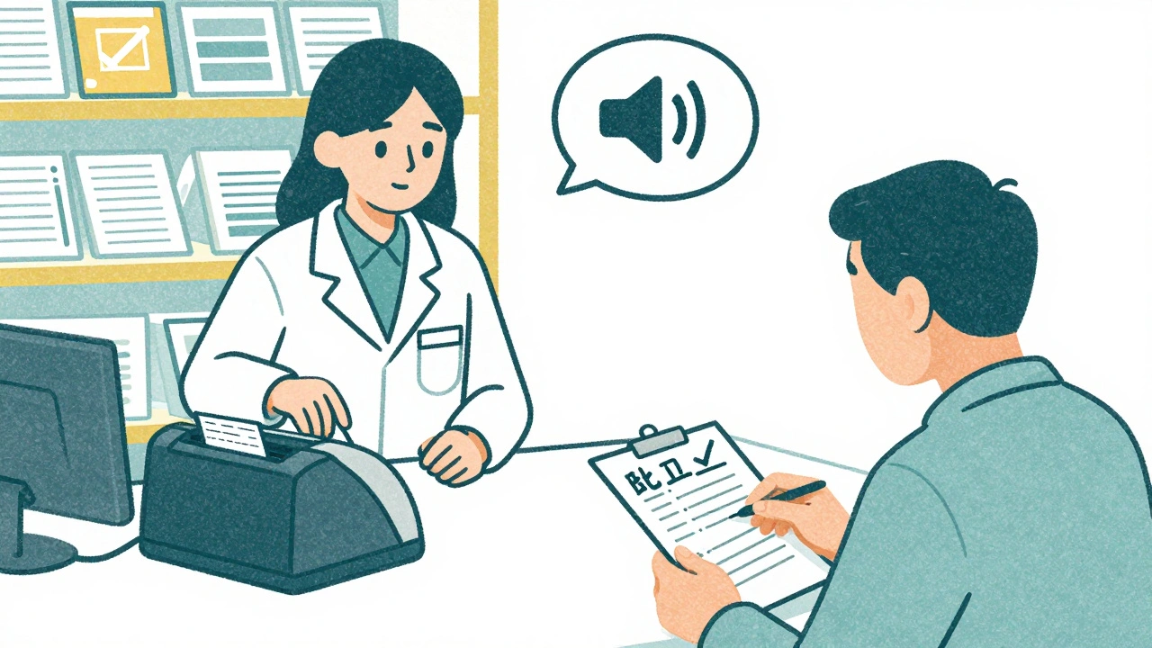Pharmacist printing large-print label for patient with hearing loss using visual notes and quiet environment.