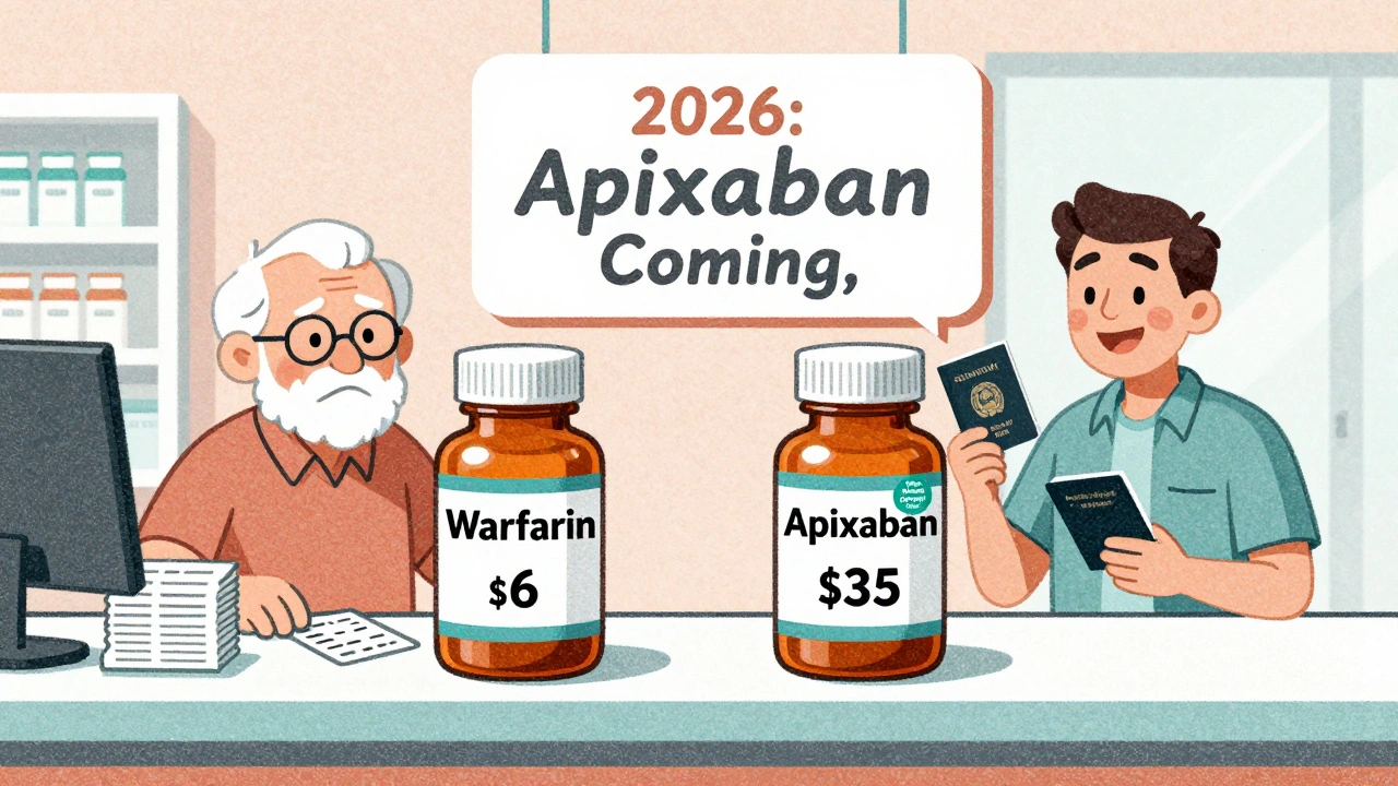 Pharmacy counter with warfarin and apixaban bottles, highlighting cost differences and patient assistance.
