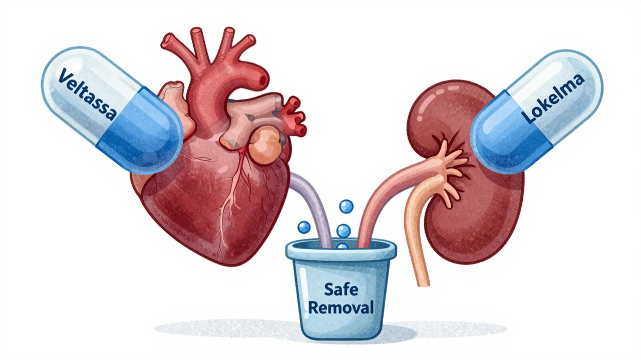 Potassium binders removing excess potassium from heart and kidney in calm illustration.