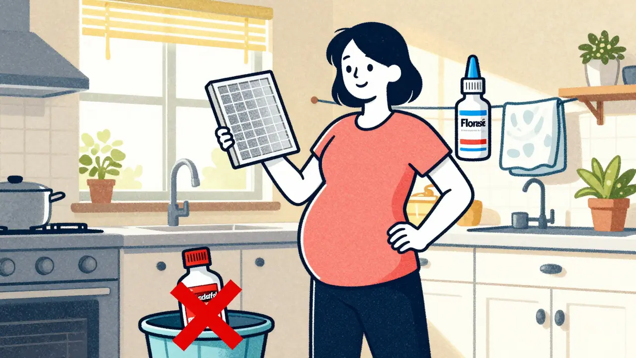 Pregnant person holding safe nasal spray while rejecting decongestant in a clean, healthy home setting.