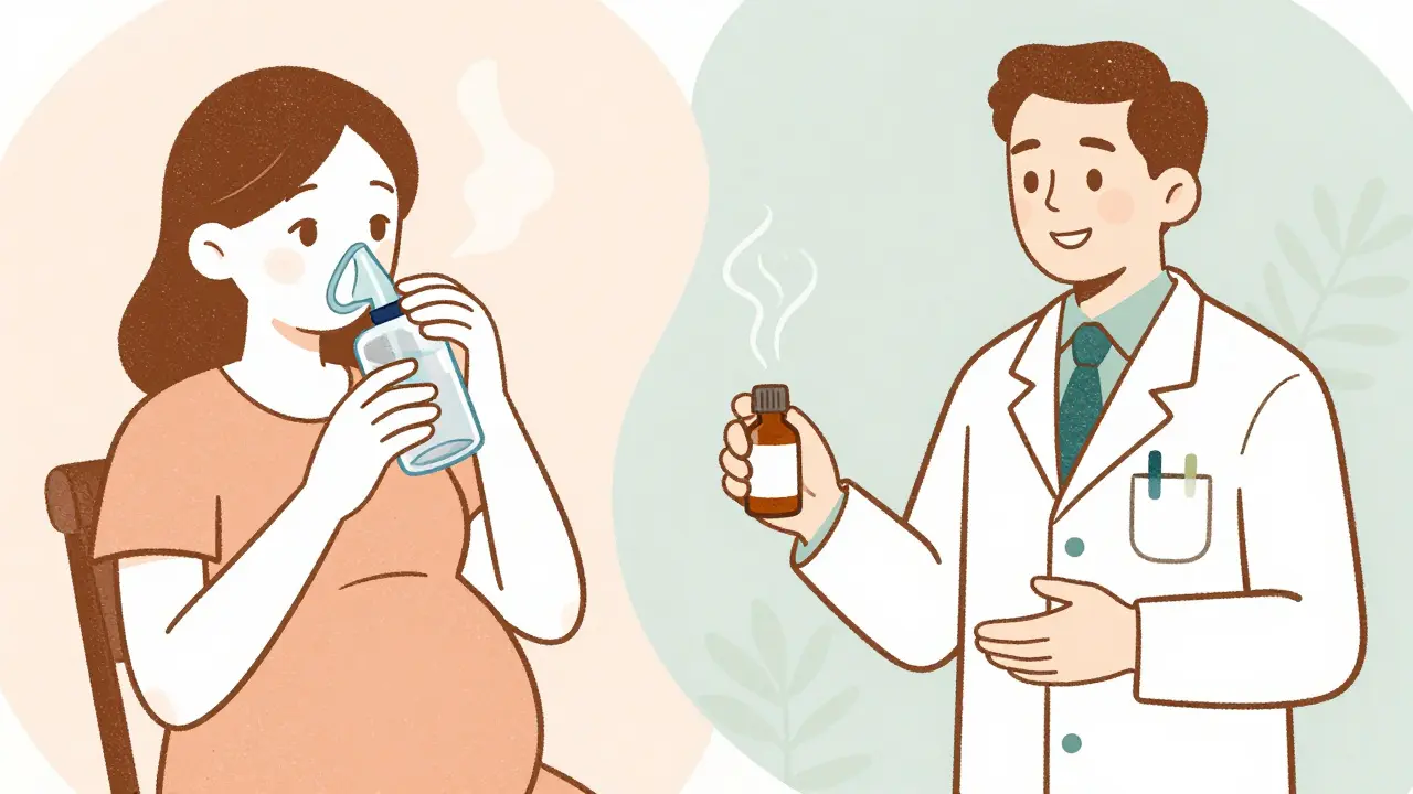Pregnant person using nasal rinse and receiving safe medication from a pharmacist.