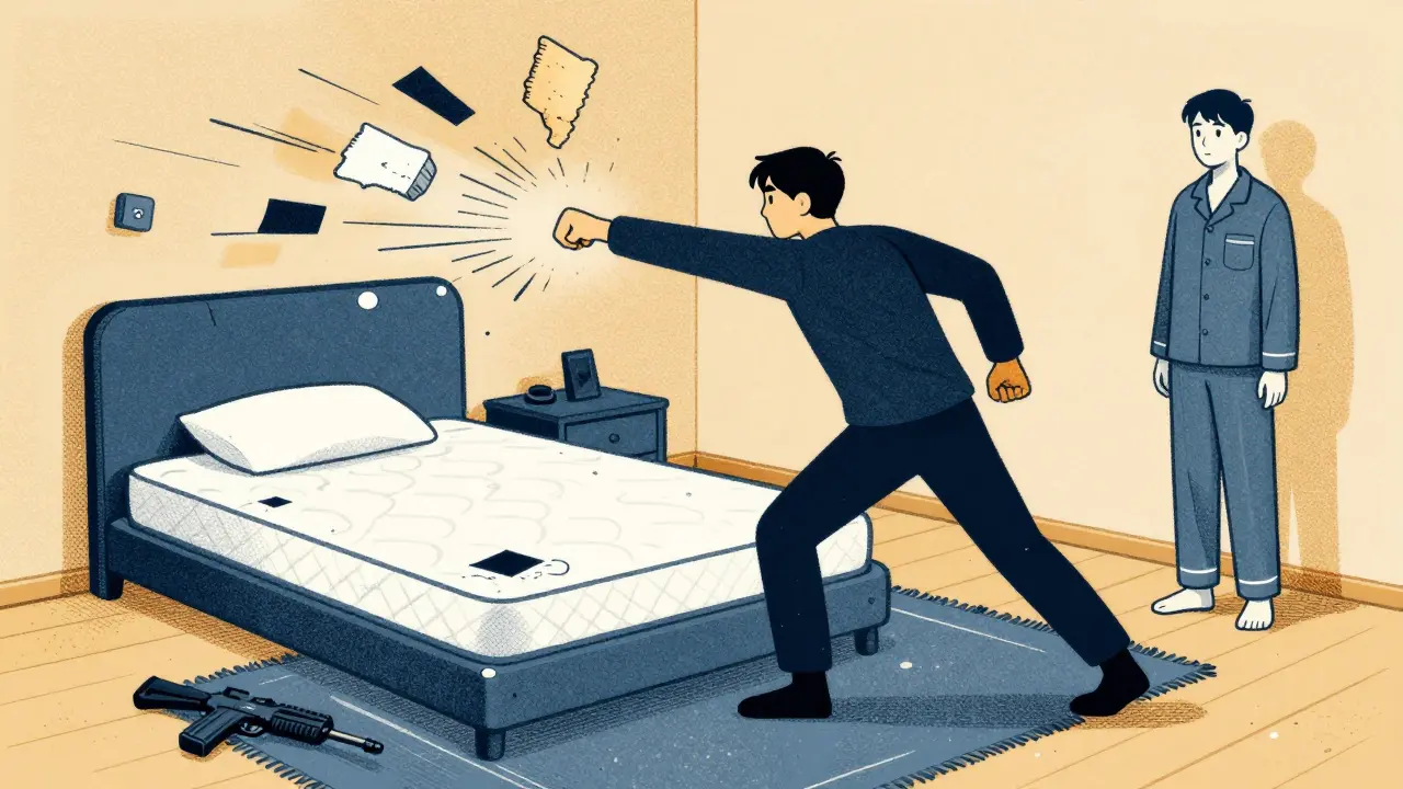 Safe bedroom setup with mattress on floor and padded corners, person acting out dream mid-punch.
