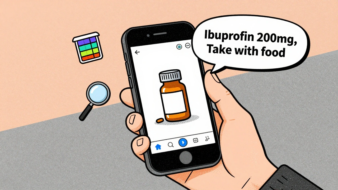 Smartphone scanning pill bottle with voice output showing medication info, surrounded by safety tools.