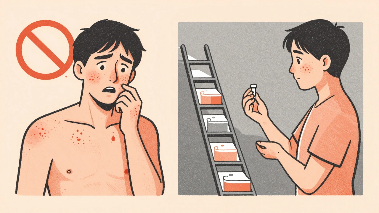 Split illustration contrasting allergic reaction on one side with controlled desensitization on the other, using warm muted colors.