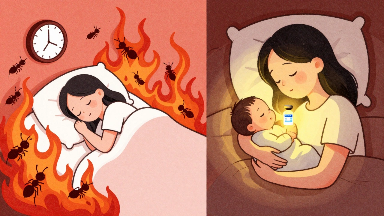 Split image: a sleepless patient tormented by itch vs. same patient peacefully holding her baby after treatment.