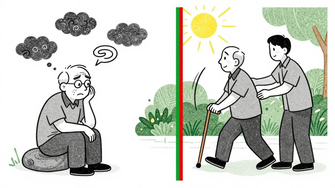 Split image: confused man on left, walking safely in garden on right, symbolizing risk and safety.