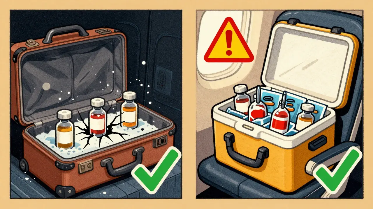 Split image: cracked insulin in cargo hold vs. safe meds in insulated carry-on cooler.