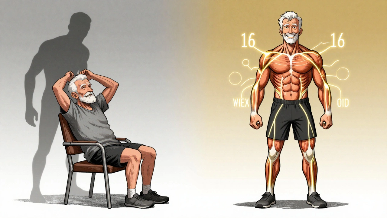Split image: elderly man struggling to stand vs. standing strong after strength training.