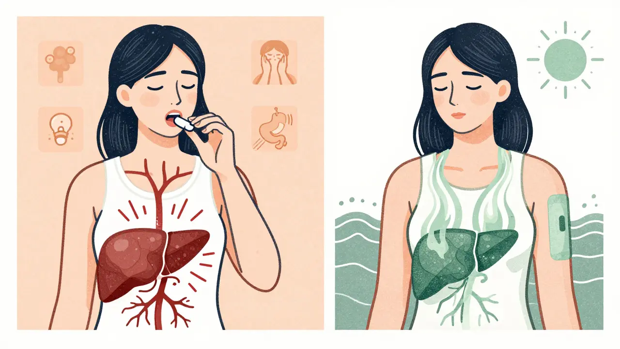 Split image: oral HRT with warning signs vs. patch with calm energy flow.