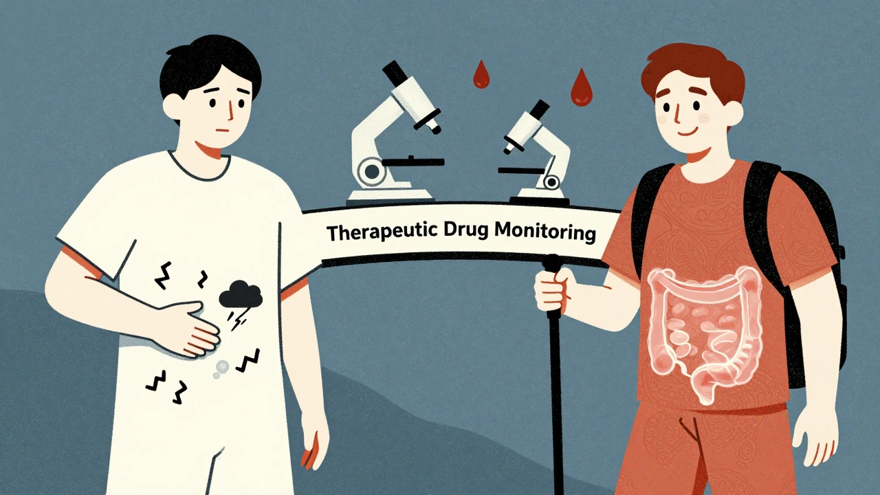 Split scene of Crohn’s patient before and after treatment with drug monitoring bridge in risograph style.