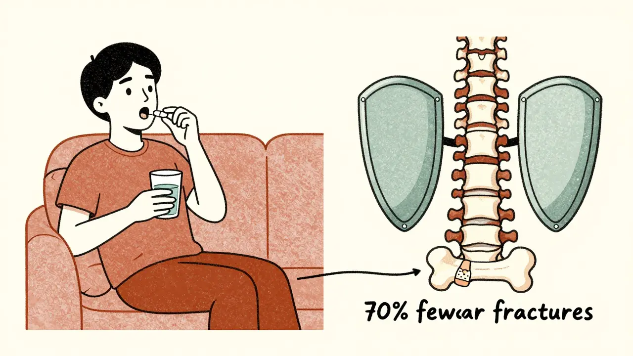 Split scene: person taking osteoporosis pill while protected hip and spine glow, tiny jawbandage below.