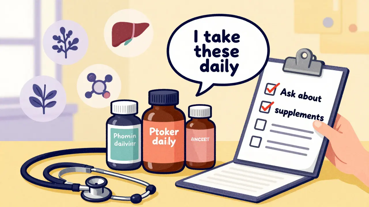 Supplement bottles placed on doctor's desk with checklist and stethoscope nearby