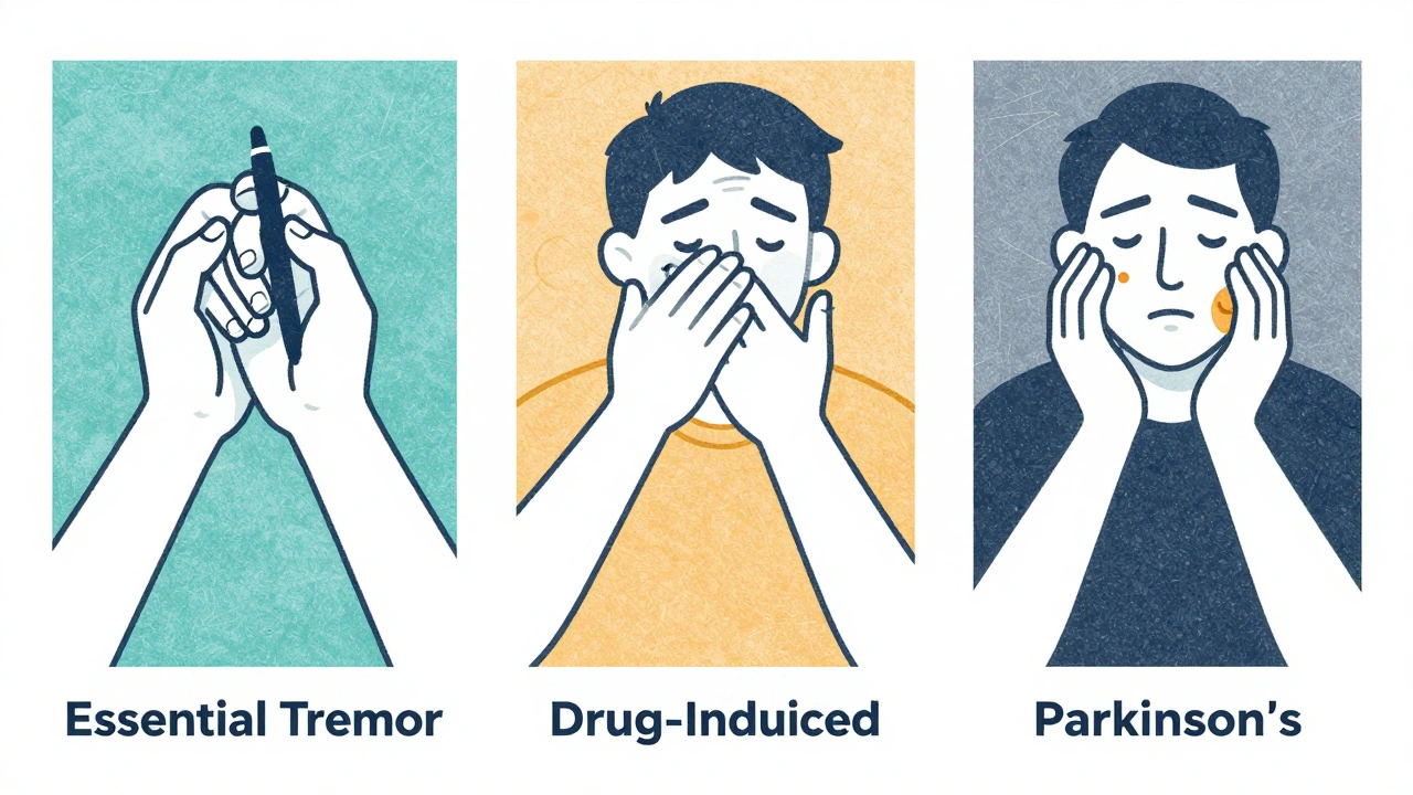 Three stylized figures representing different types of tremors: drug-induced, essential, and Parkinson’s.