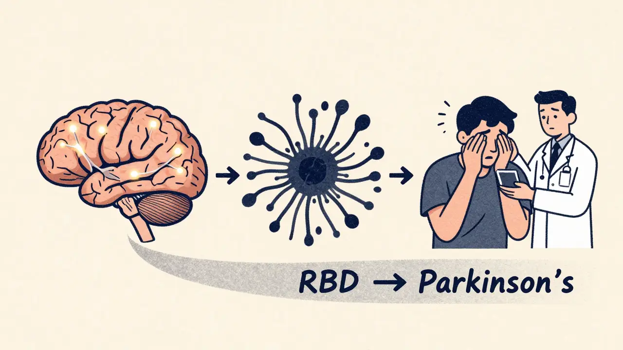 Timeline showing healthy brain transforming into neurodegeneration with alpha-synuclein buildup and Parkinson’s signs.