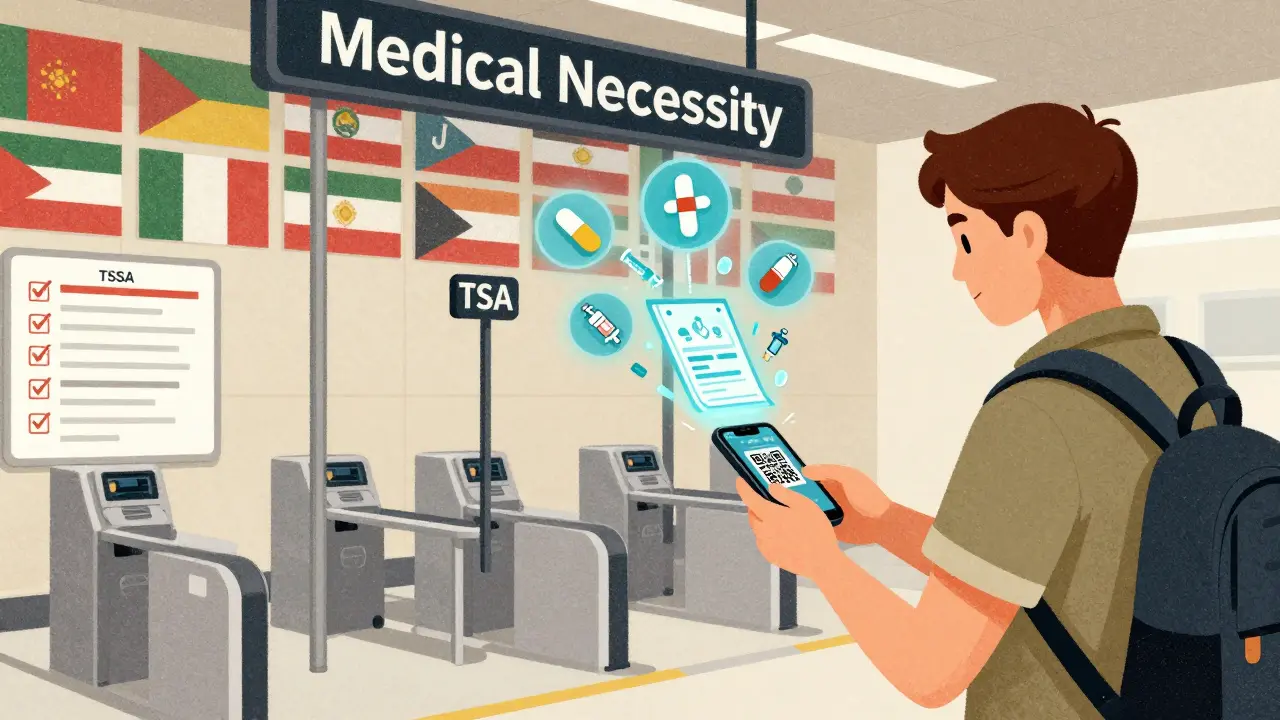 Traveler scanning digital medication passport at a dedicated medical security lane.