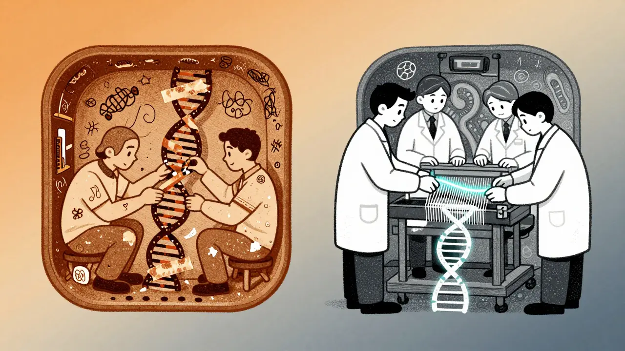 Two teams repairing broken DNA inside a cell: one messy and haphazard, the other precise and methodical.