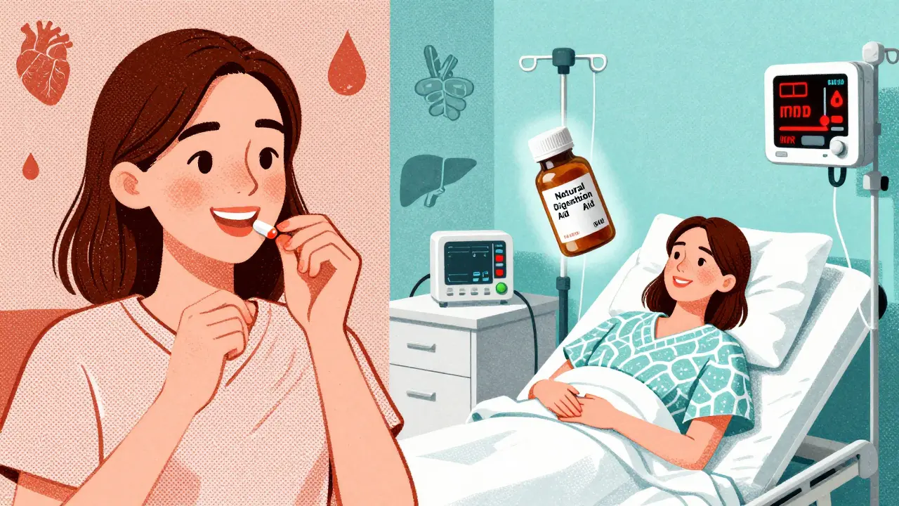 Woman in emergency room with ginger supplement floating above her, medical monitors flashing