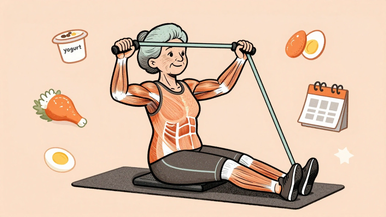 Woman using resistance band for seated rows, with floating icons of protein foods nearby.