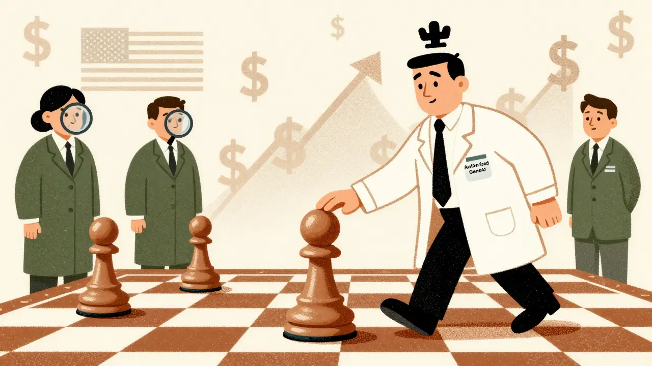 A chess game where a pharma company uses an authorized generic to block an independent generic, with FDA regulators observing.