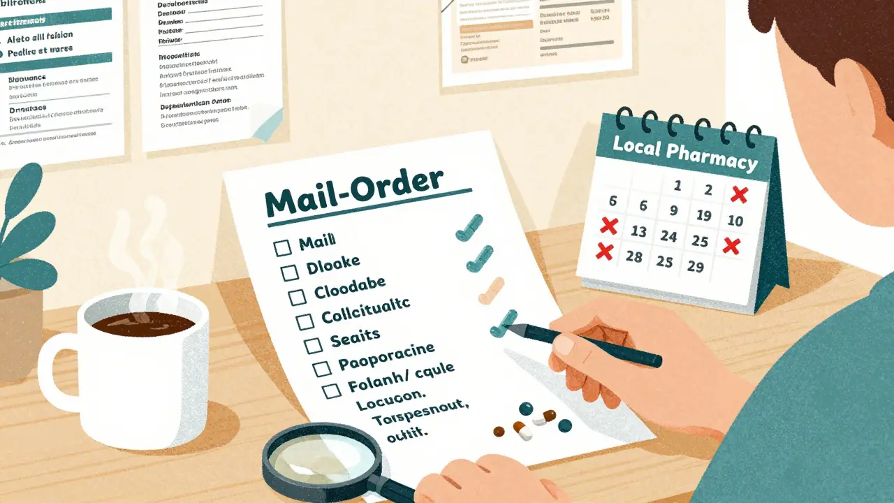 A person checking a refill checklist with mail-order and local meds, next to a calendar with reminders.