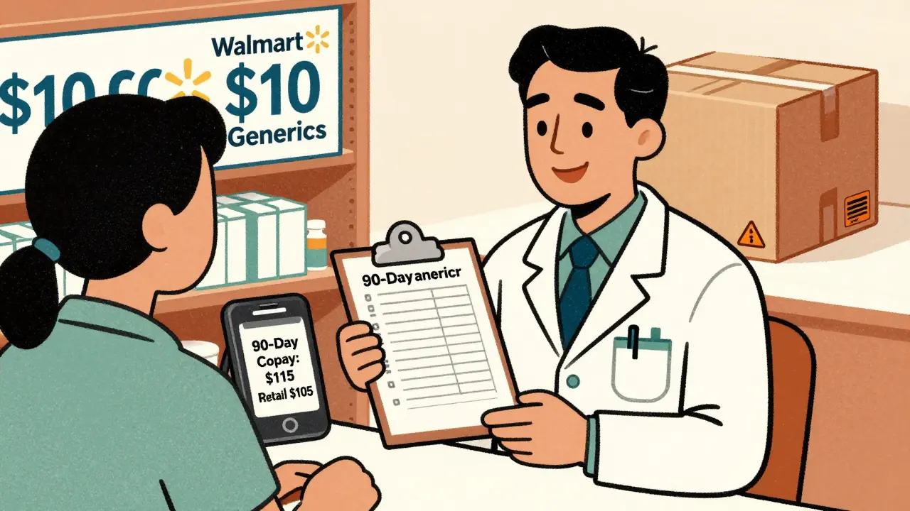 A pharmacist reviewing medication options with a customer, highlighting cost differences and shipping warnings.