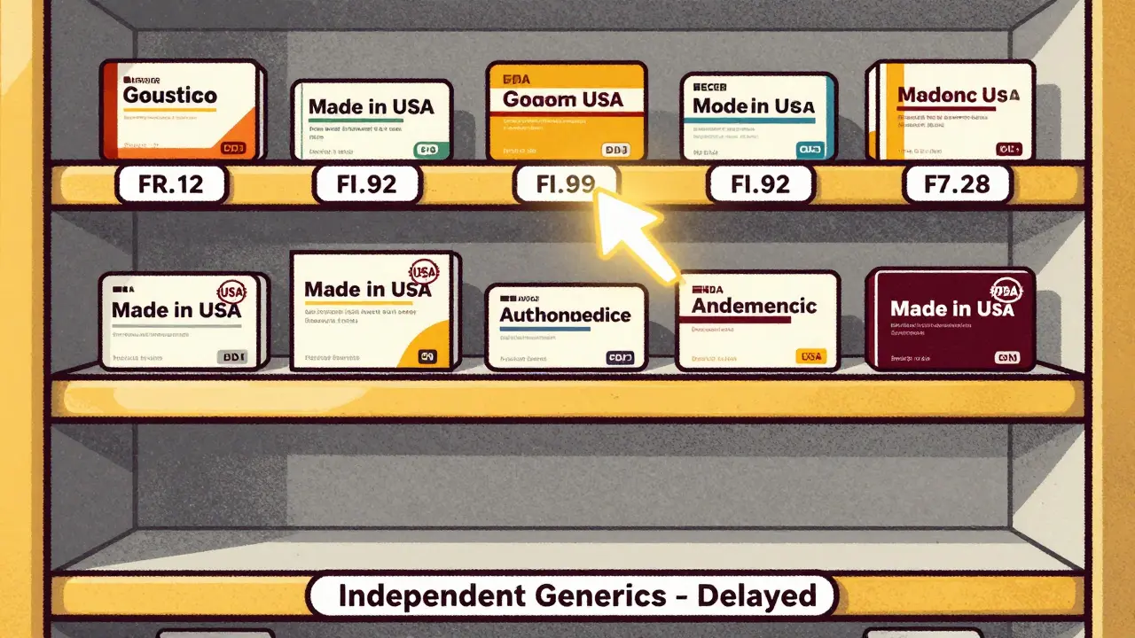A pharmacy shelf showing branded drugs, authorized generics made in the USA, and empty slots for independent generics, with an FDA fast-track arrow.