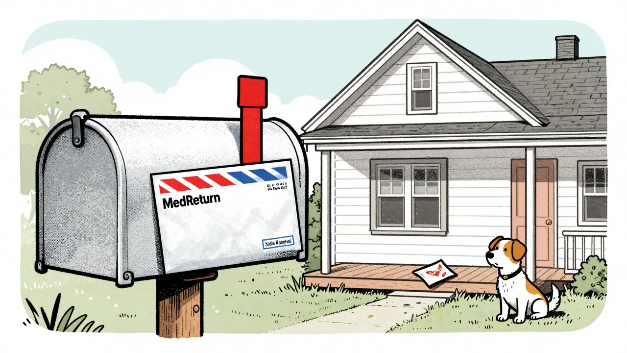 A prepaid mailer being dropped into a rural mailbox, with a pet nearby and a distant disposal sign.