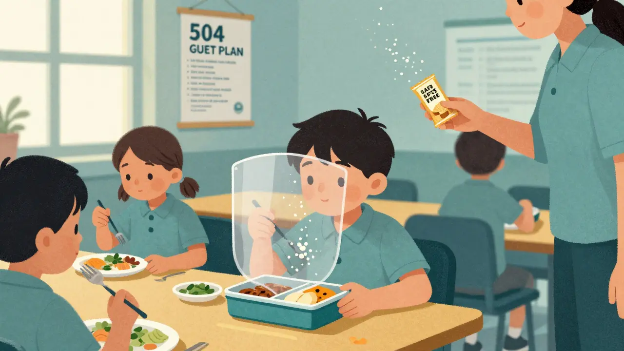 Child eating safe lunch at school with gluten shield, 504 plan poster on wall, illustrated in risograph style.