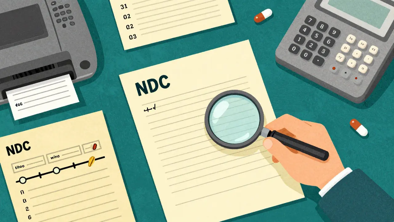 Cluttered desk with medical documents, a doctor's letter, fax machine, and timeline of failed medications marked with dates and pills.