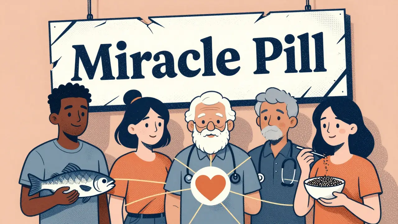 Diverse people connected to a heart icon by golden lines, standing before a crumbling 'Miracle Pill' sign, with plant-based foods nearby.
