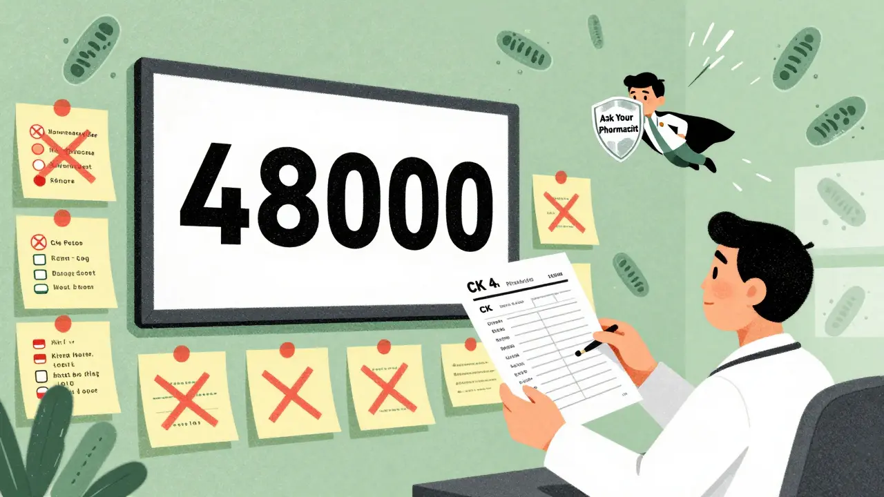 Doctor's office wall with red X's over dangerous drug combos, patient holding high CK blood result, superhero version flying with safety message.