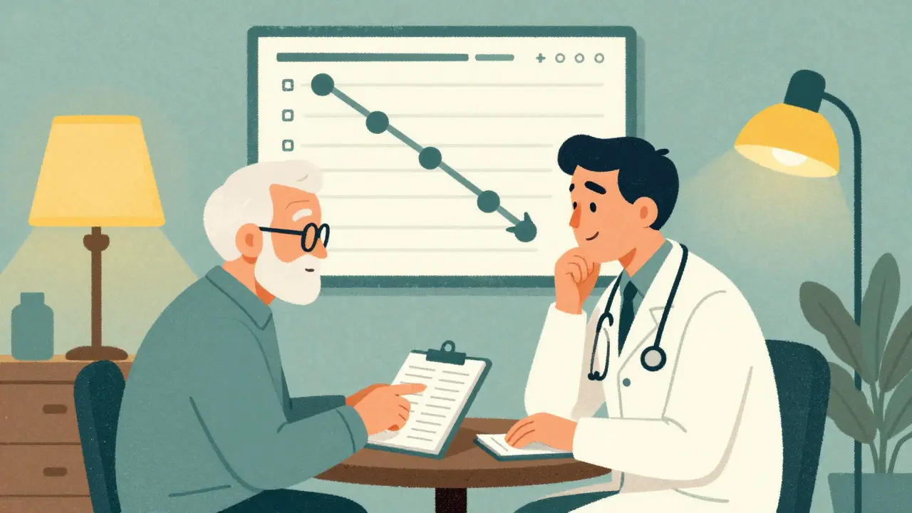 Doctor and senior discussing medication reduction in a warm clinic setting.