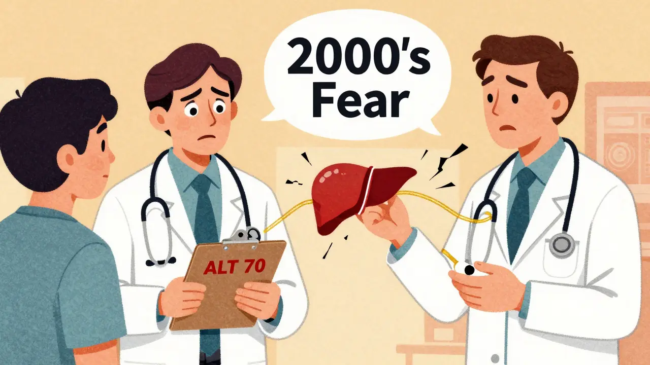 Doctor hesitating vs. confidently prescribing statins, with a myth bubble breaking apart.