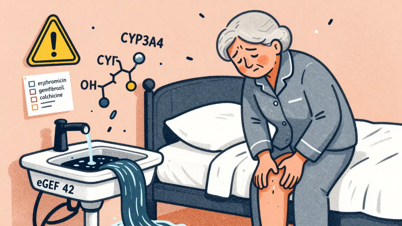 Elderly woman in pain as her dark urine flows into a sink marked with low kidney function, floating warning icons around her.