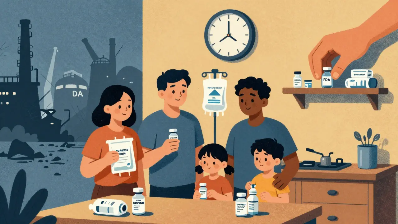 Family holding emergency insulin and IV bags, weather alert on clock, crumbling factory in background.