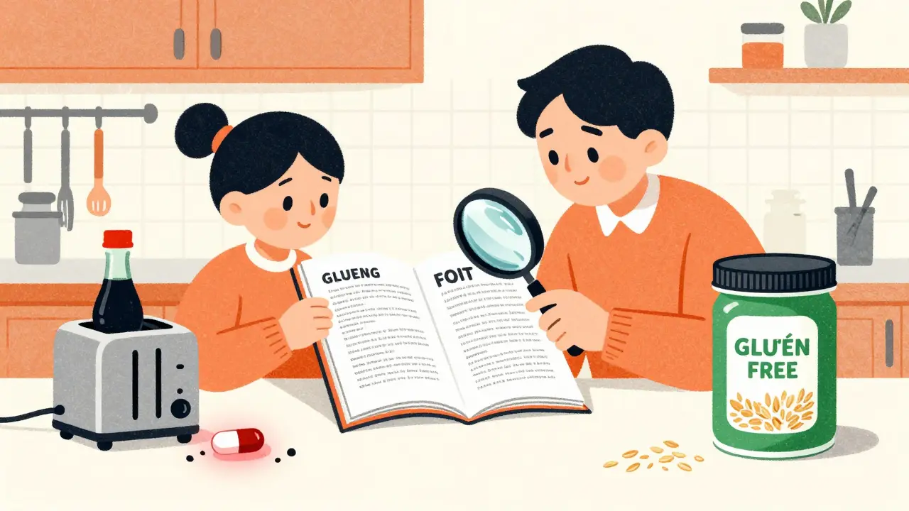 Family reading food labels at kitchen counter, hidden gluten sources glowing red, certified gluten-free oats visible.