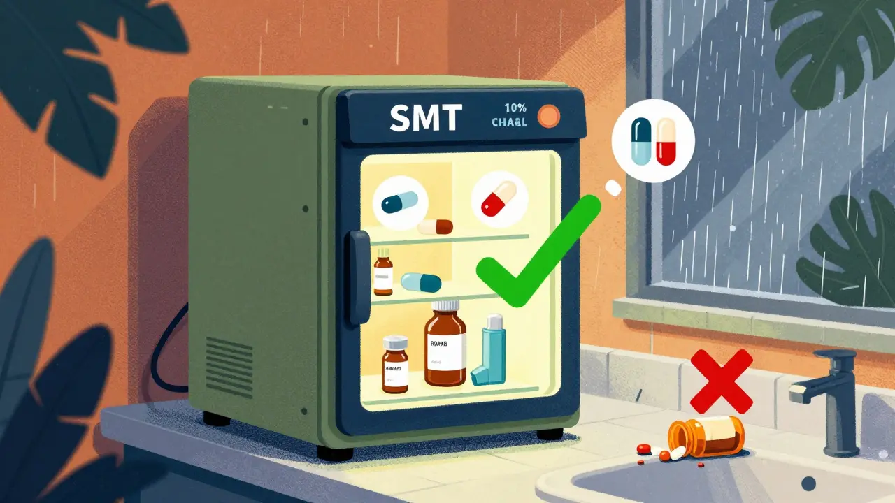 Glowing dry cabinet preserving medicines in a clinic, contrasted with a ruined pill bottle in humid environment.