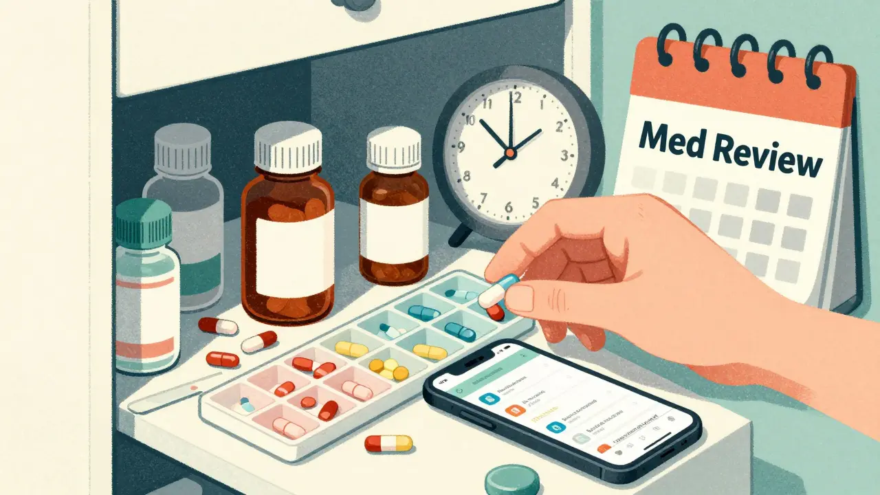 Hand cleaning out an expired medicine cabinet, replacing pills with organized tools.