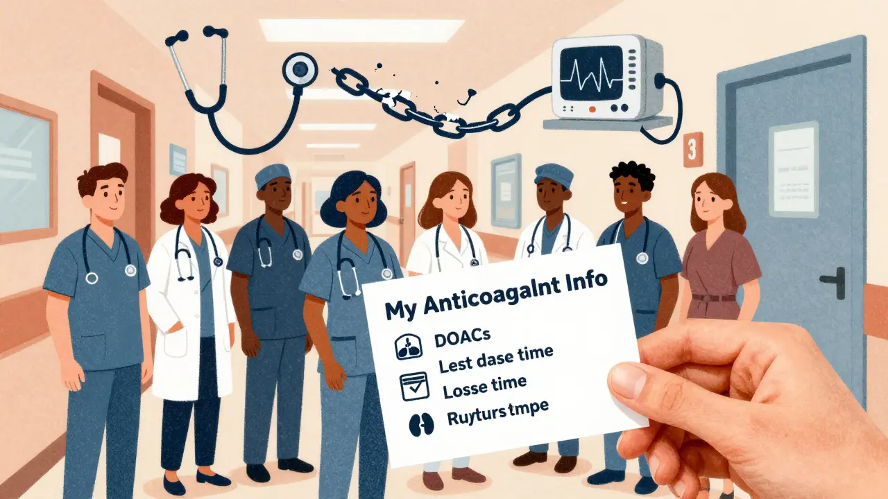 Healthcare workers passing a card with anticoagulant info while broken medical tools symbolize system gaps