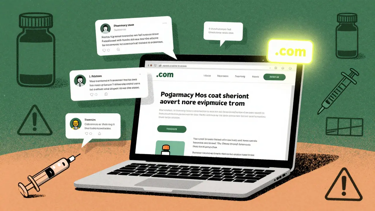 Laptop screen showing a fake online pharmacy with a glowing .pharmacy badge contrasting against fraudulent elements.