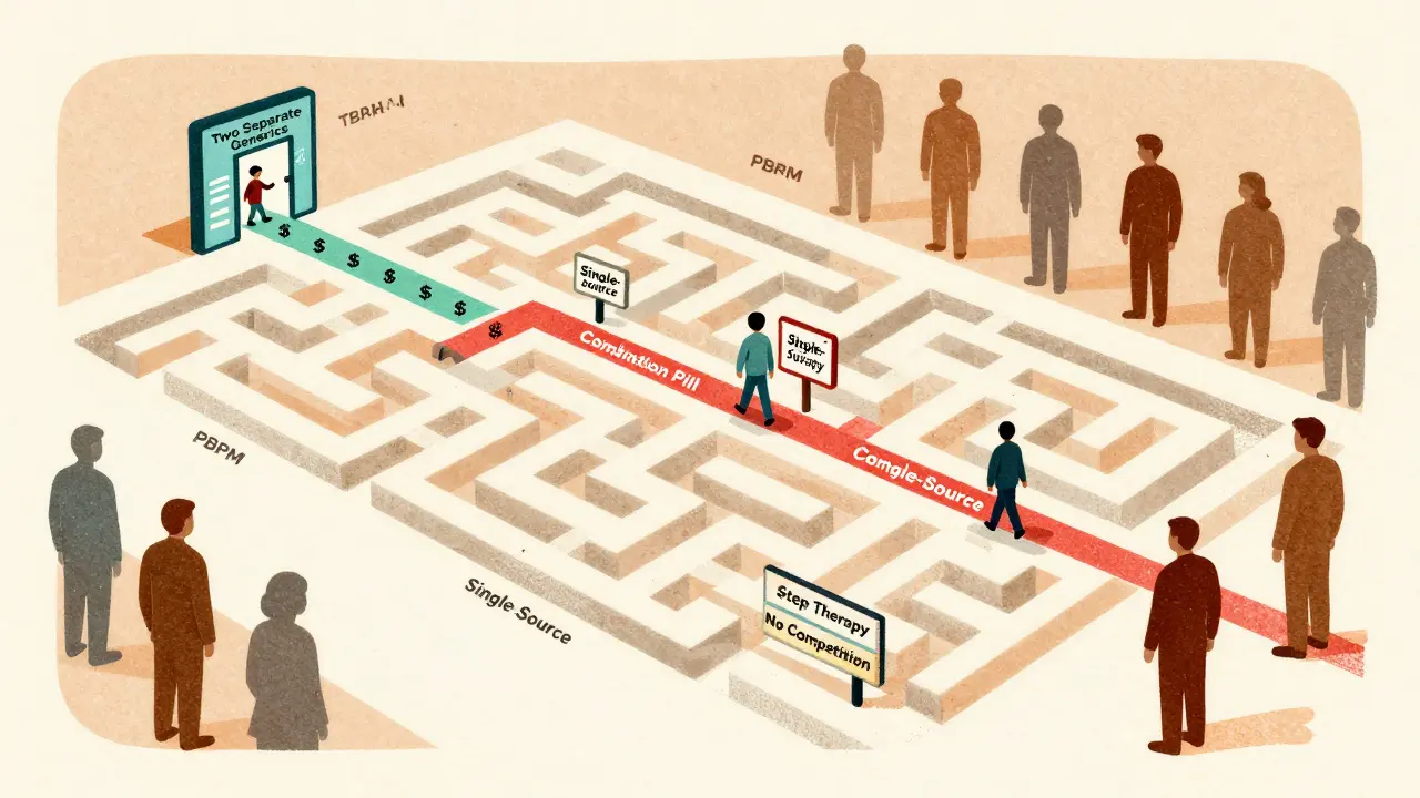 Maze-like formulary chart showing cheaper path for separate generics vs. costly combo pill route.