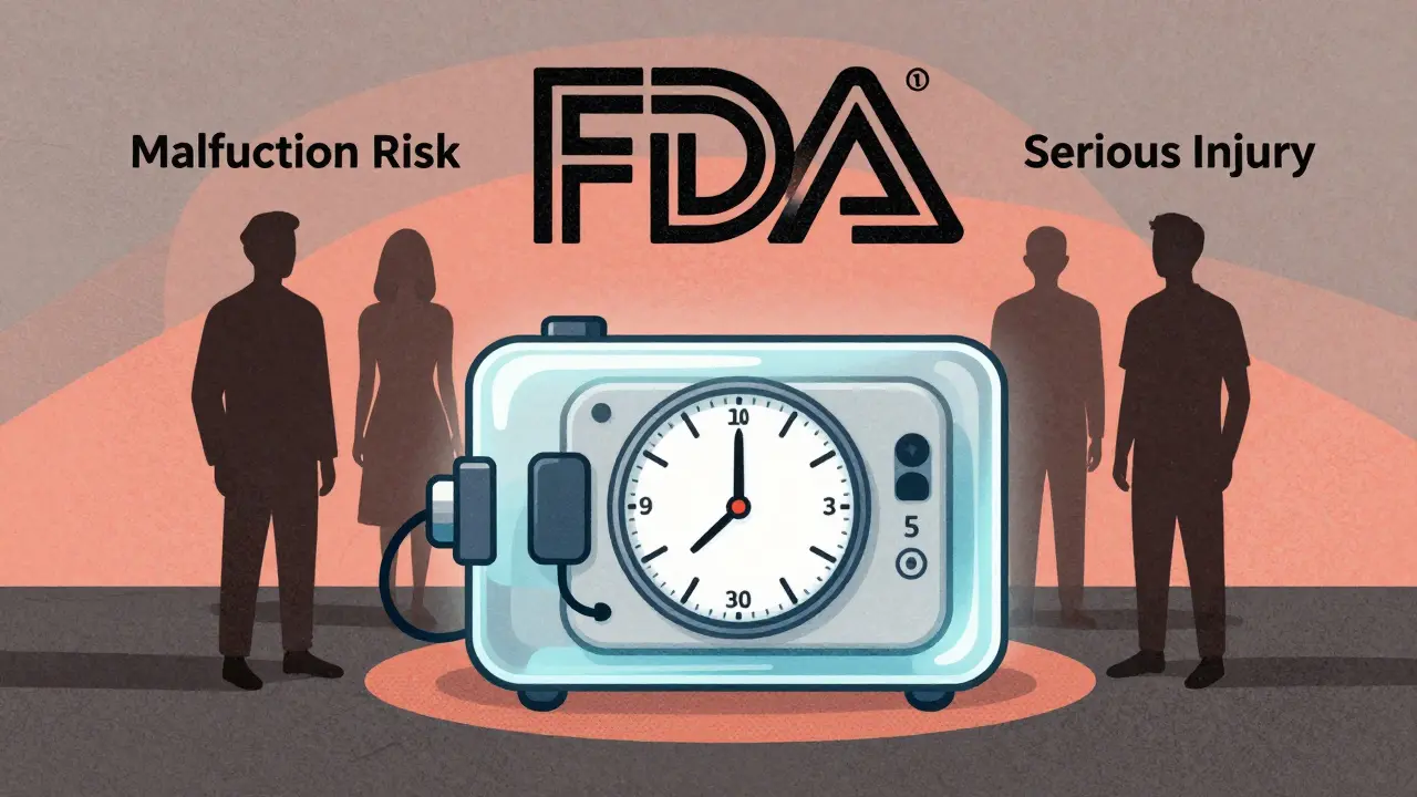 Medical device with countdown clock and patient silhouettes under FDA eye