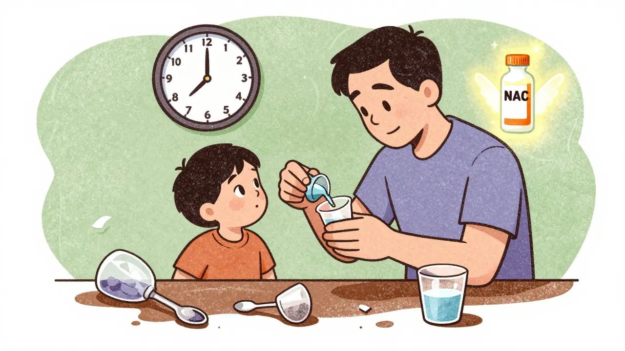 Parent measuring child's medicine with dosing cup, glowing antidote vial nearby, alcohol glasses shattered in shadow.