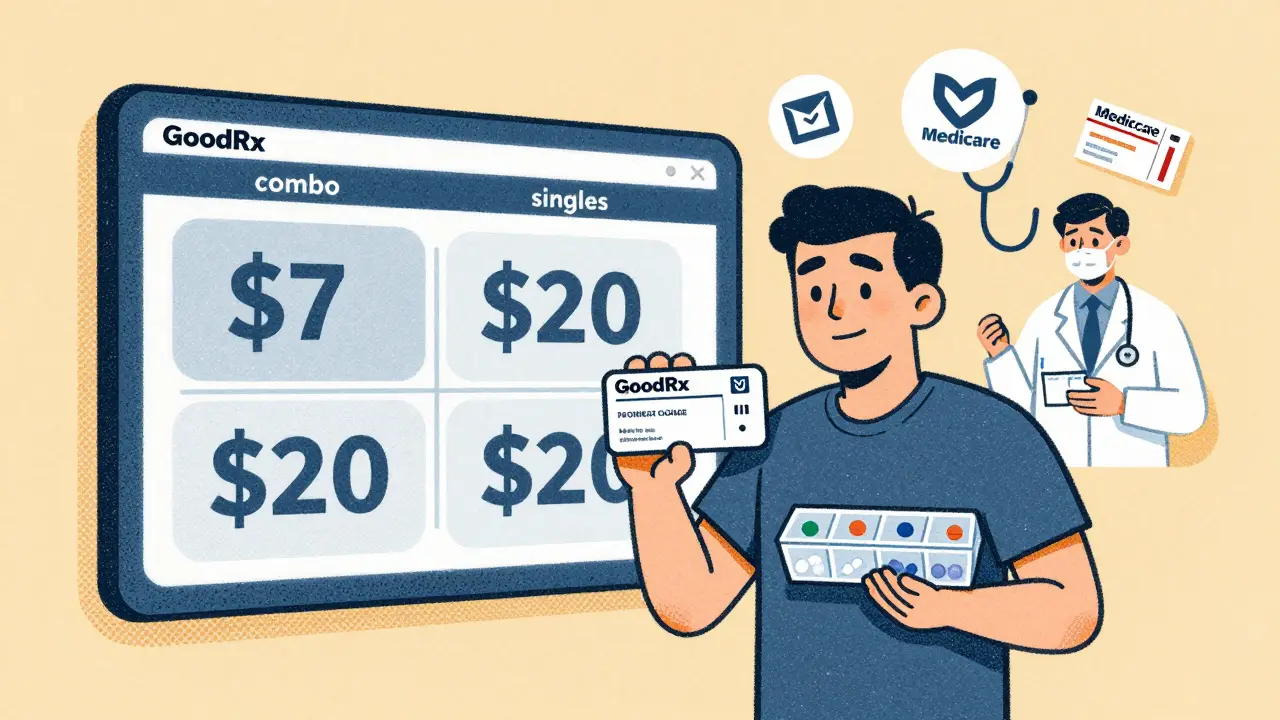 Patient comparing drug prices on a screen with GoodRx coupon and pill organizer.