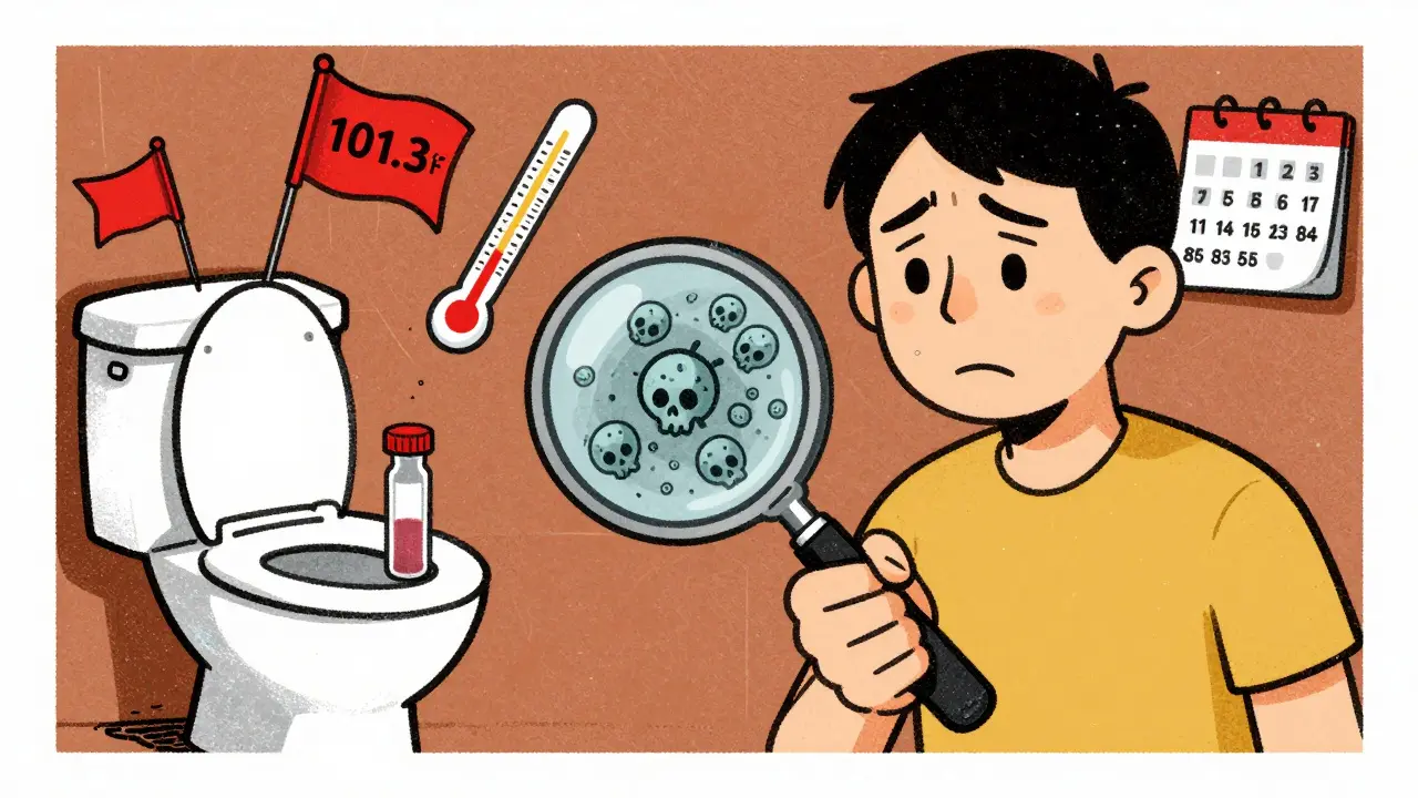 Patient holding stool sample with C. diff spores visible under magnifying glass